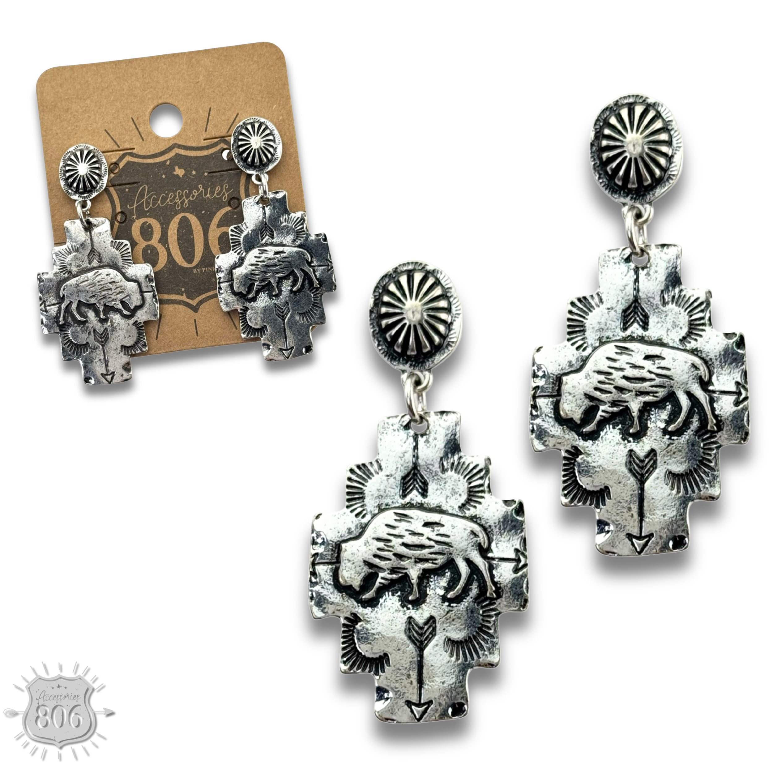 Buffalo stamped silver earring