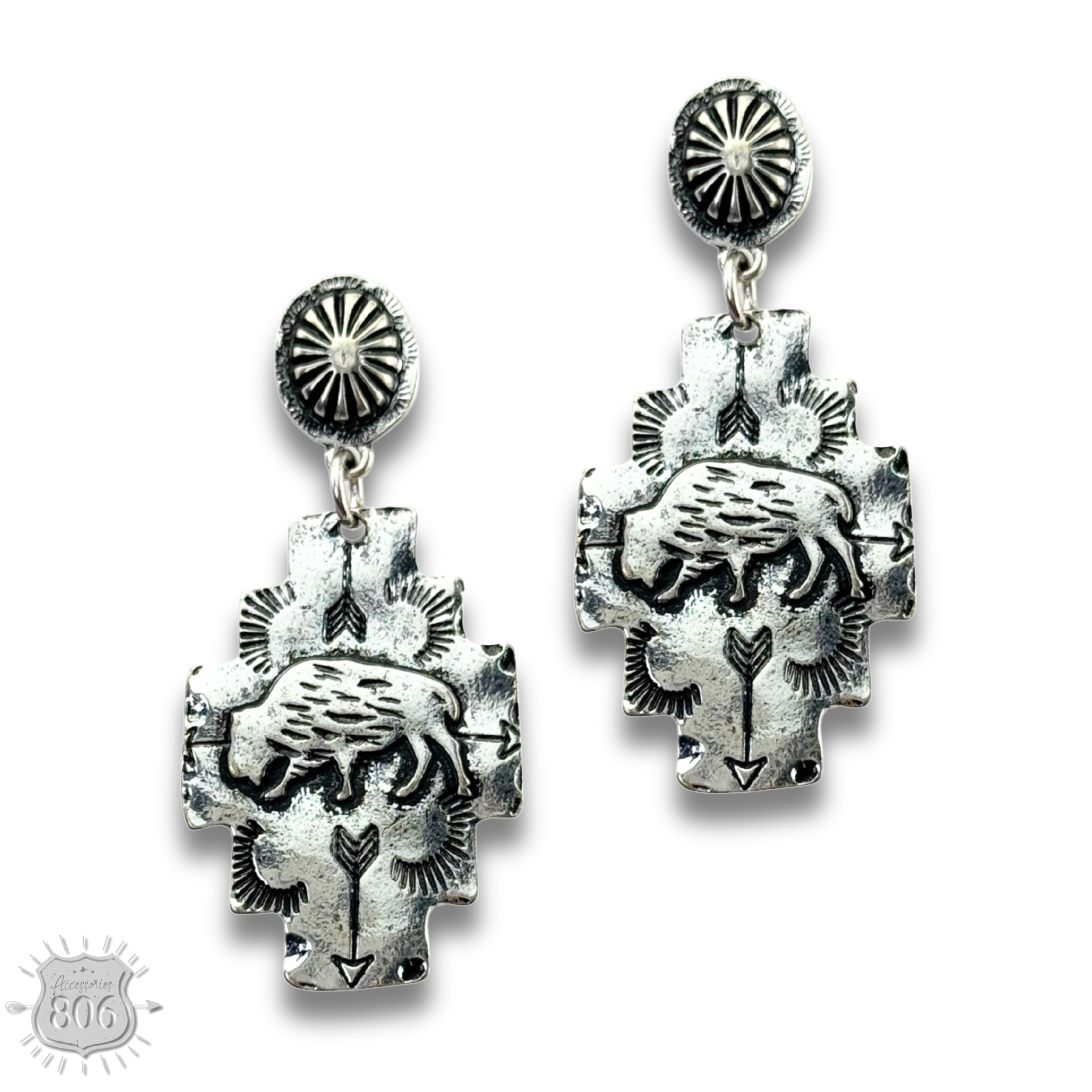 Buffalo stamped silver earring