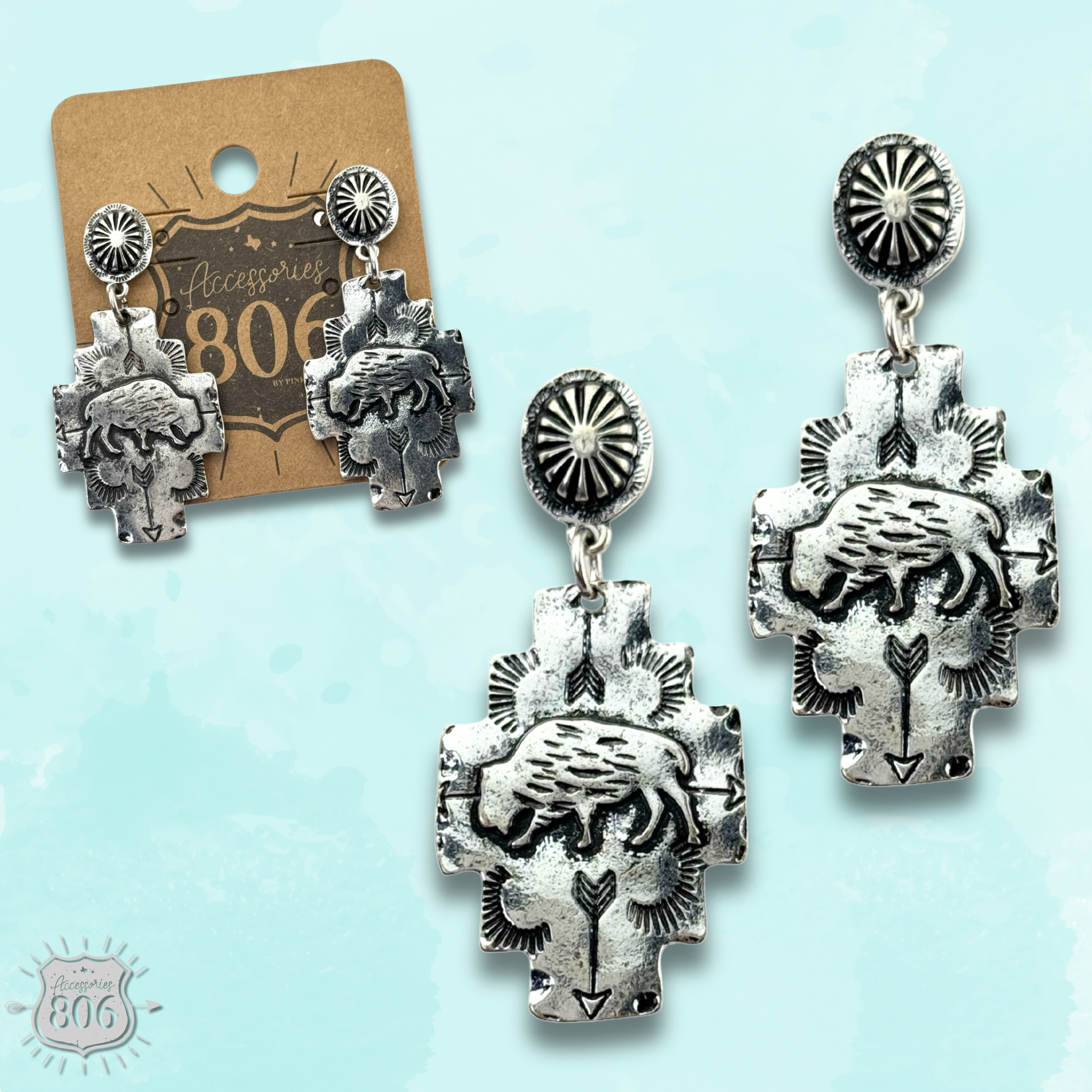 Buffalo stamped silver earring